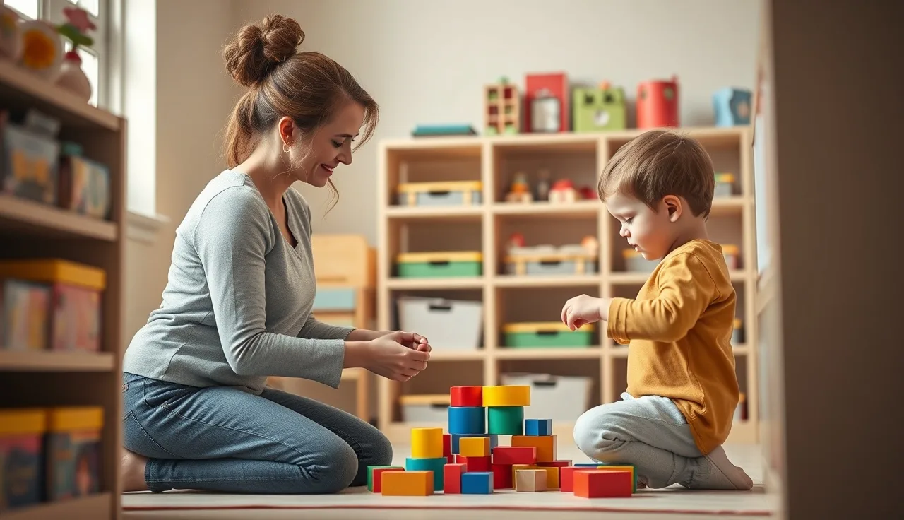 Early childhood educator arranging blocks with a toddler in a daylit classroom