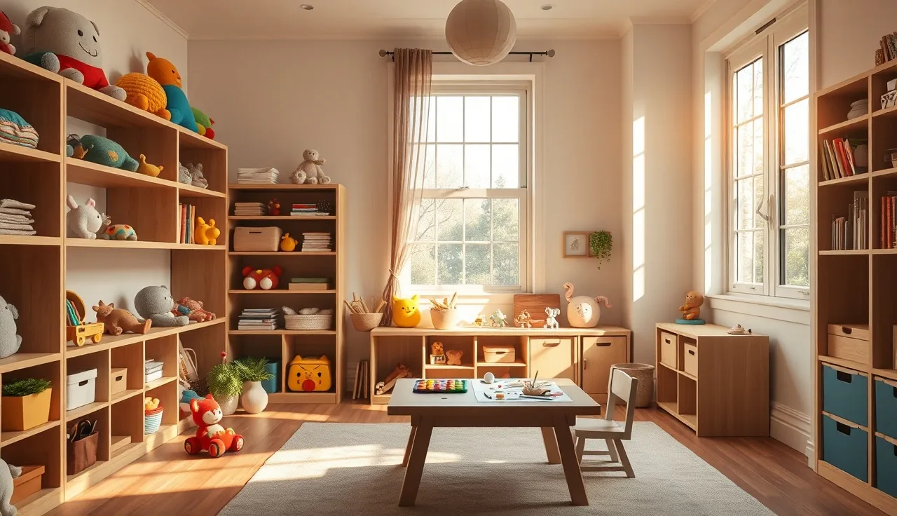Sunlit home daycare playroom with wooden shelves and soft toys ready for children