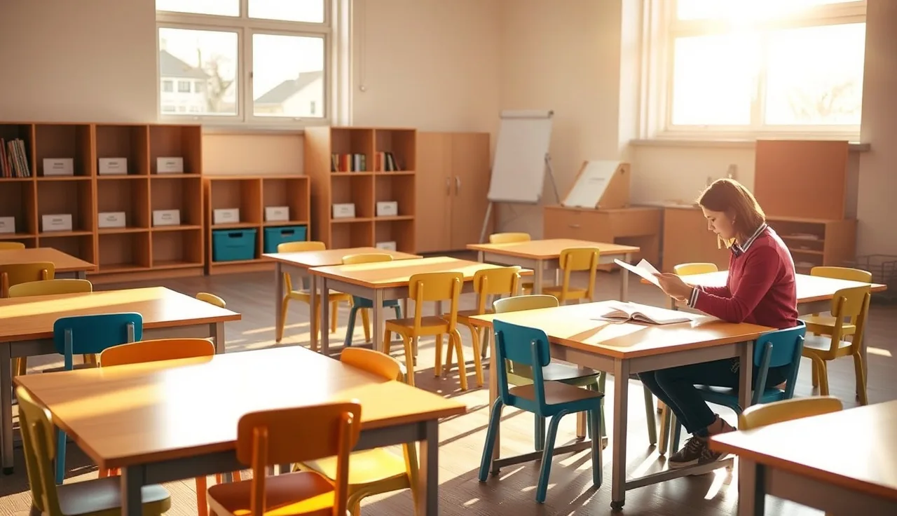 An adult reviewing daycare licensing paperwork inside a child-sized classroom at sunrise