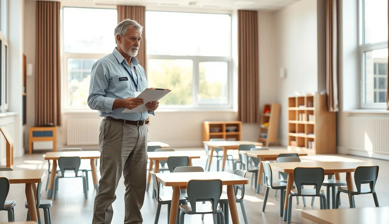Licensing inspector with clipboard standing in an empty daycare classroom
