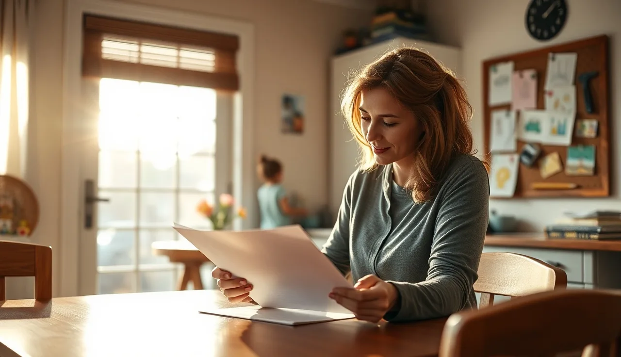 Childcare provider reviewing daycare licensing paperwork at a kitchen table