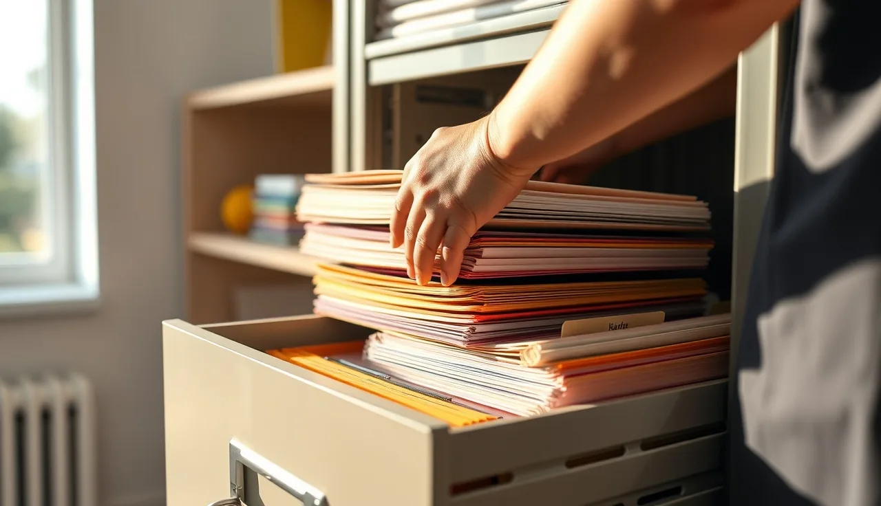 Daycare administrator organizing children's record folders in a locked filing cabinet