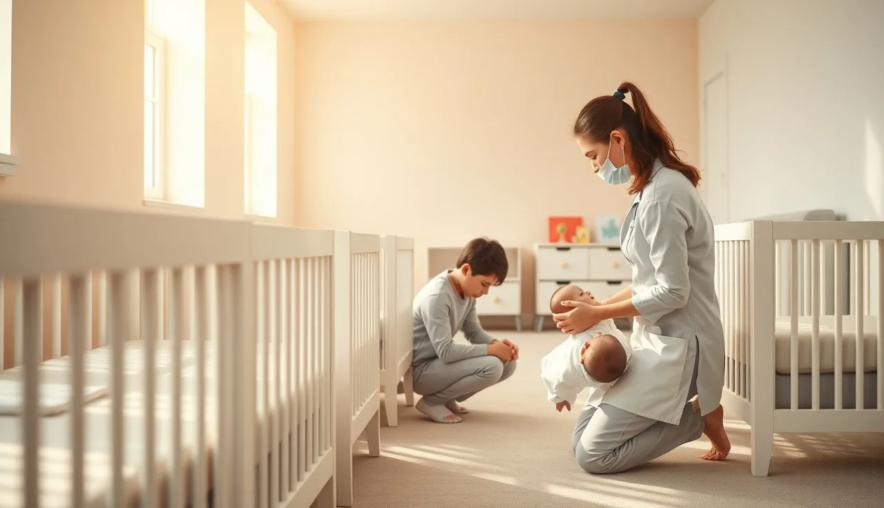 Licensed infant room with white cribs and caregiver checking on sleeping baby