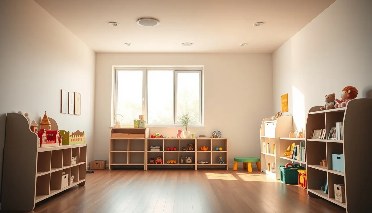 Empty licensed daycare playroom with wooden shelves and morning light