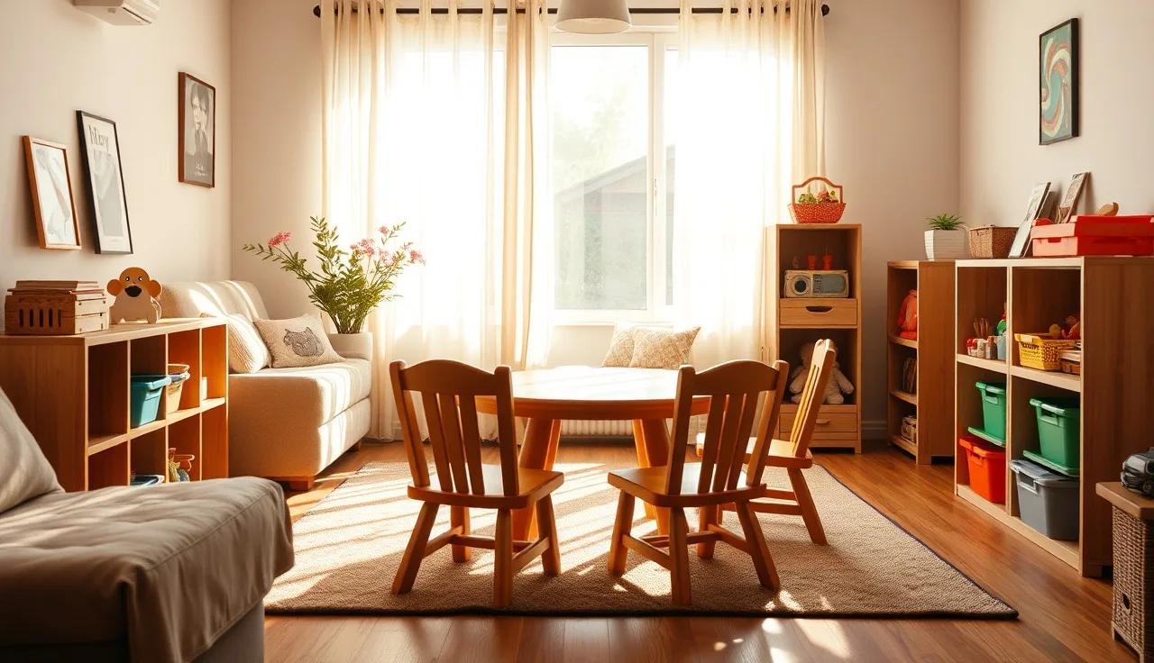 Sunlit home daycare room with small chairs and toy shelves for young children