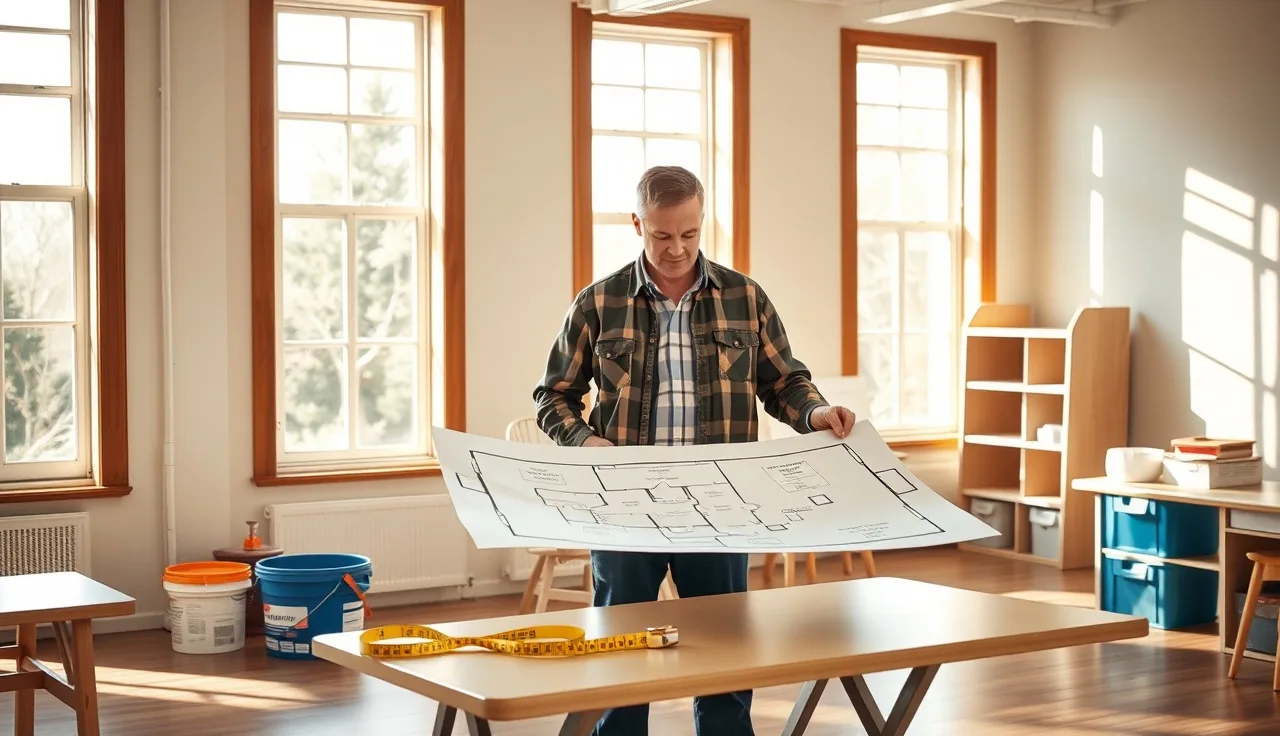 Contractor and daycare director reviewing floor plan inside a newly renovated classroom