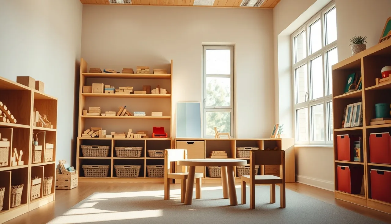 Empty preschool learning center with low wooden shelves and child-sized chairs