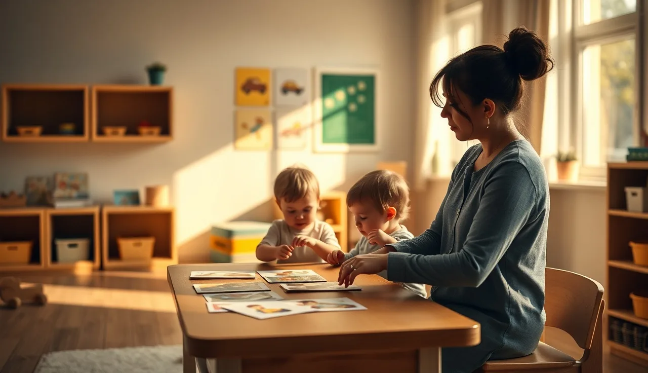 Teacher and young child reviewing picture cards during a calm behavior guidance moment in a preschool classroom