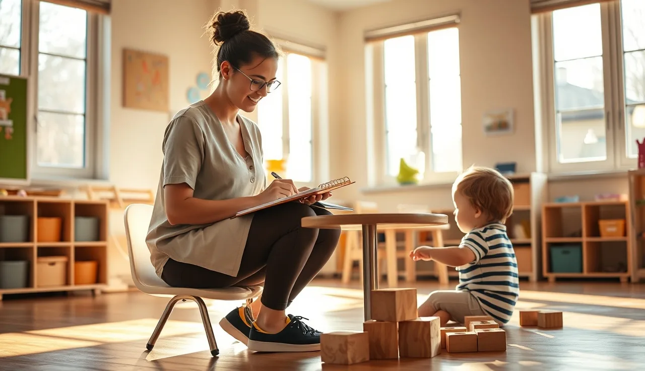 Childcare provider writing child observation notes beside toddler playing with blocks