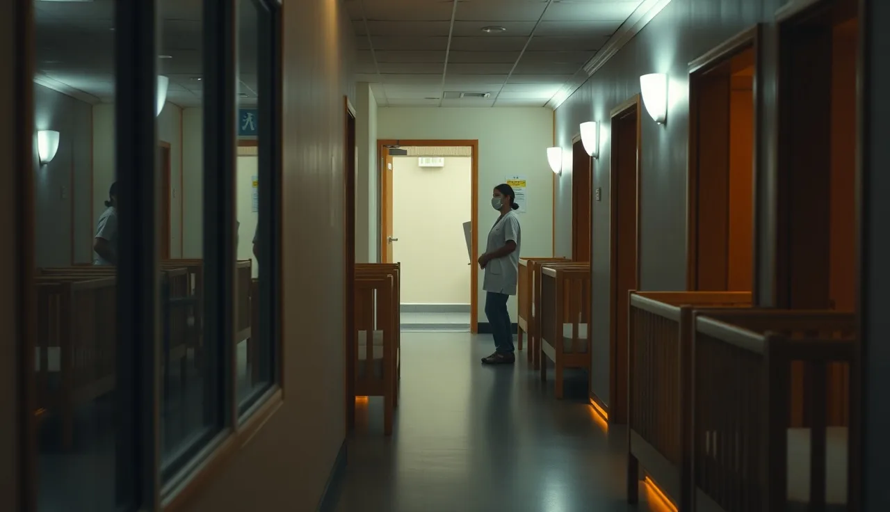 Licensed overnight childcare facility hallway with cribs visible and caregiver on duty