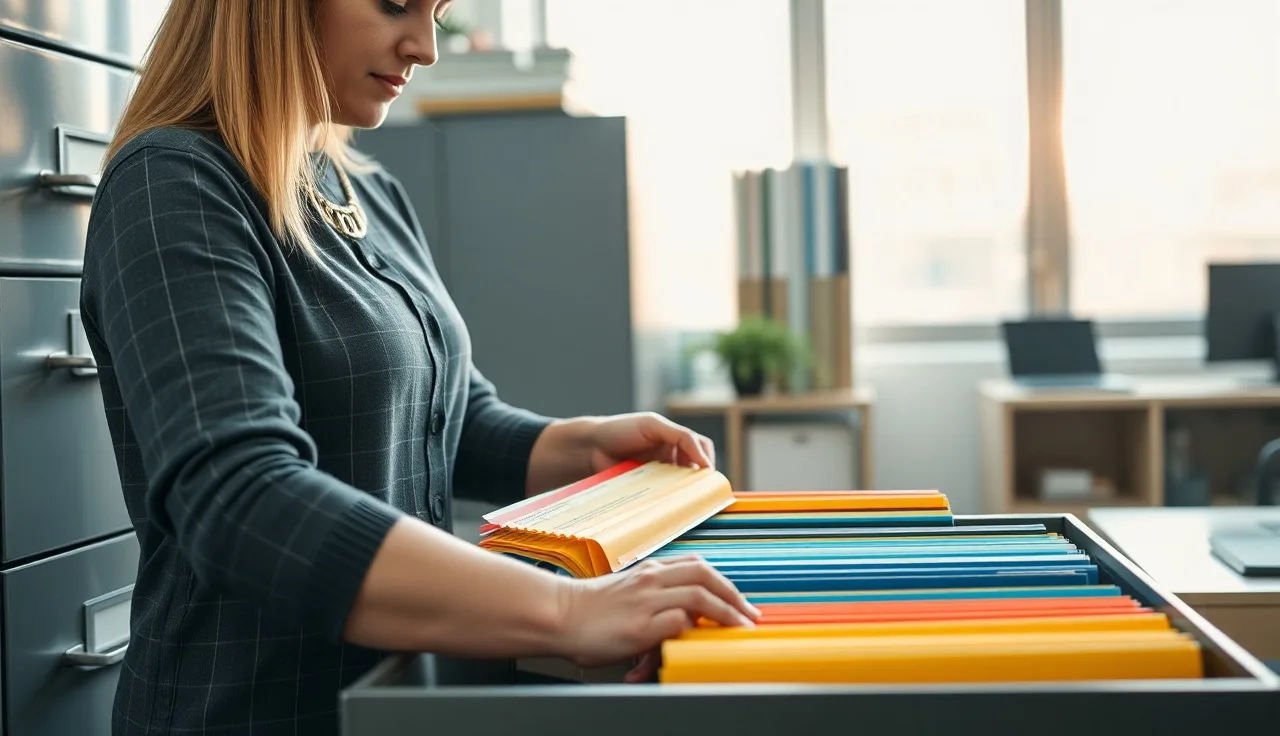 Childcare director organizing confidential child records in a locked filing cabinet