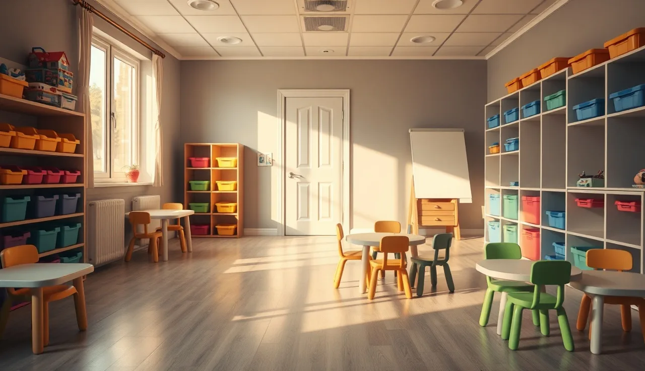 Empty home daycare playroom with small chairs and shelves, license temporarily paused