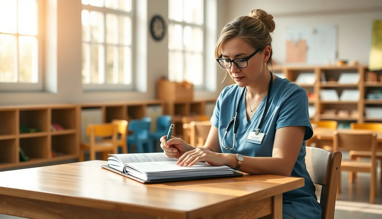 Childcare provider reviewing discipline policy documents at a classroom table