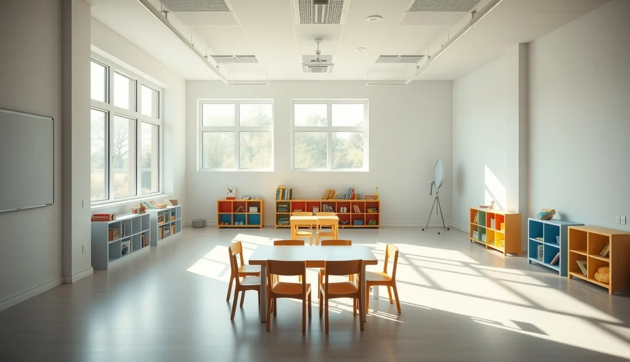 Empty licensed daycare center classroom with wooden furniture in morning light