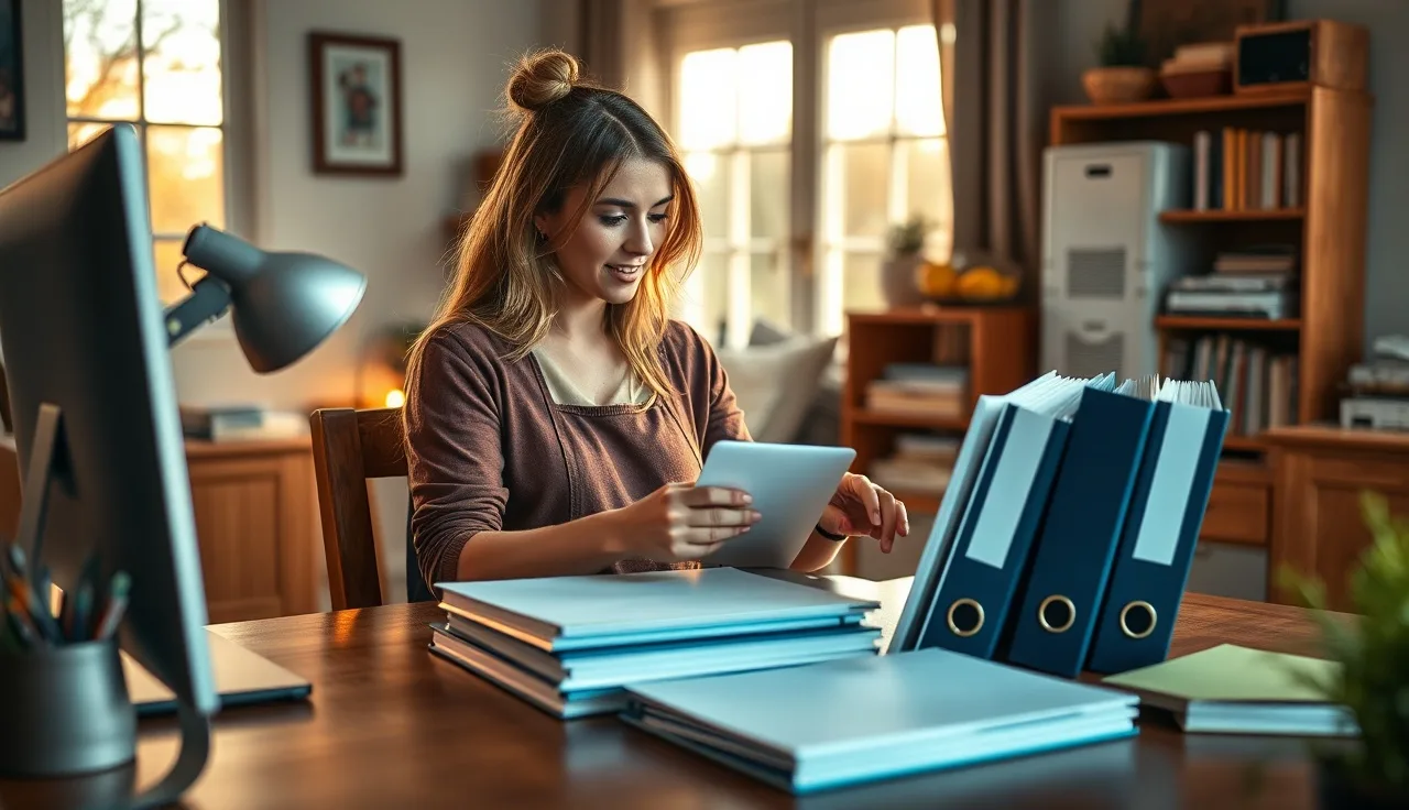 Childcare provider organizing licensed daycare forms in labeled binders at a desk