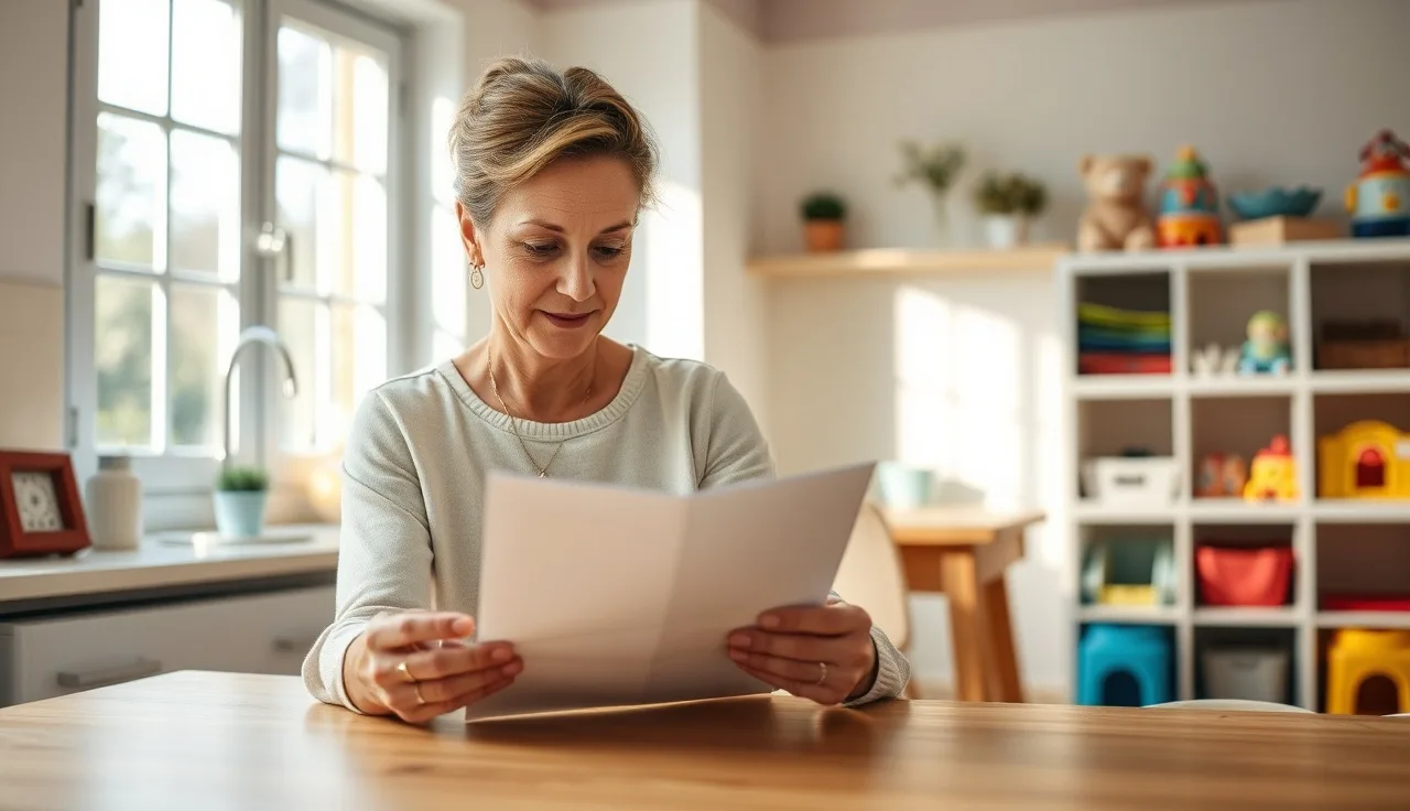 Home daycare provider reviewing licensing paperwork at a kitchen table