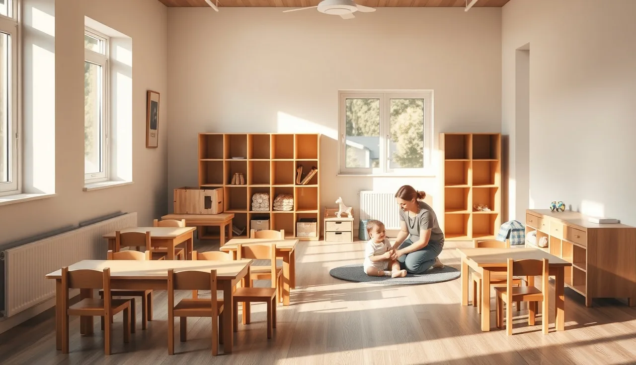Caregiver kneeling beside a toddler on a play mat in a licensed daycare room
