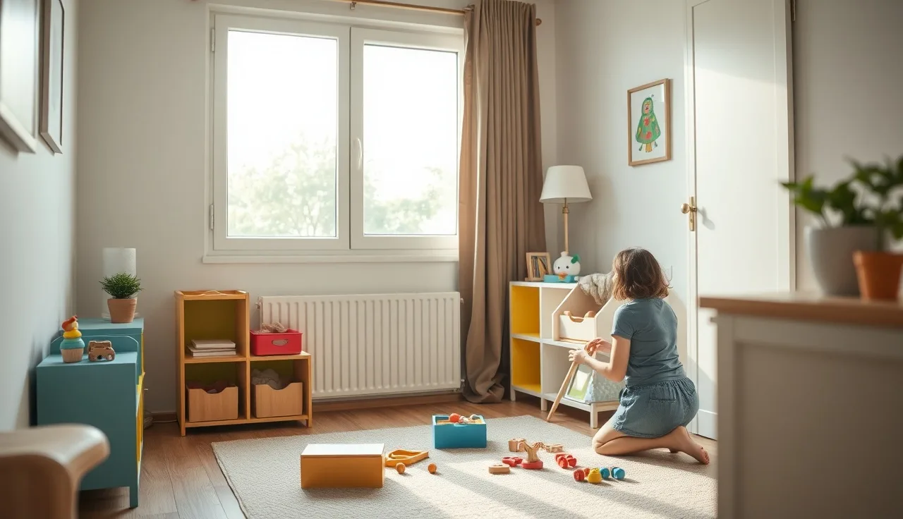 Home daycare provider arranging activity bins in a licensed family child care space
