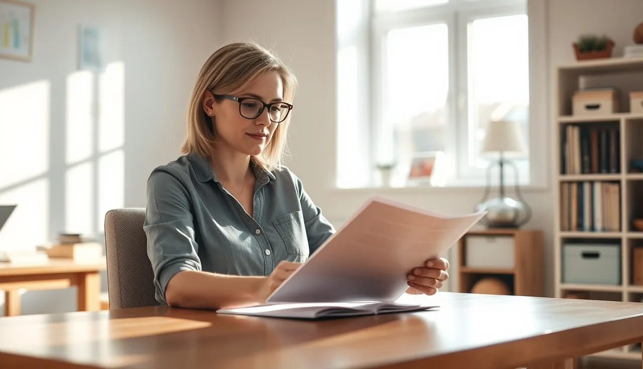Childcare director reviewing renewal documents at a sunlit office desk