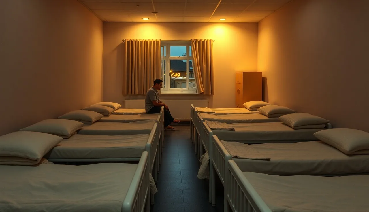 Dimly lit overnight childcare room with small cots and a watchful staff member