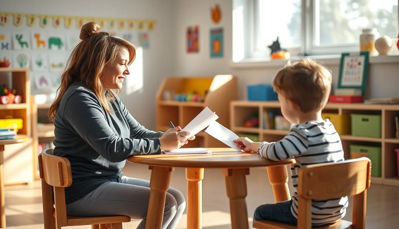 Childcare provider and parent reviewing enrollment paperwork at a classroom table