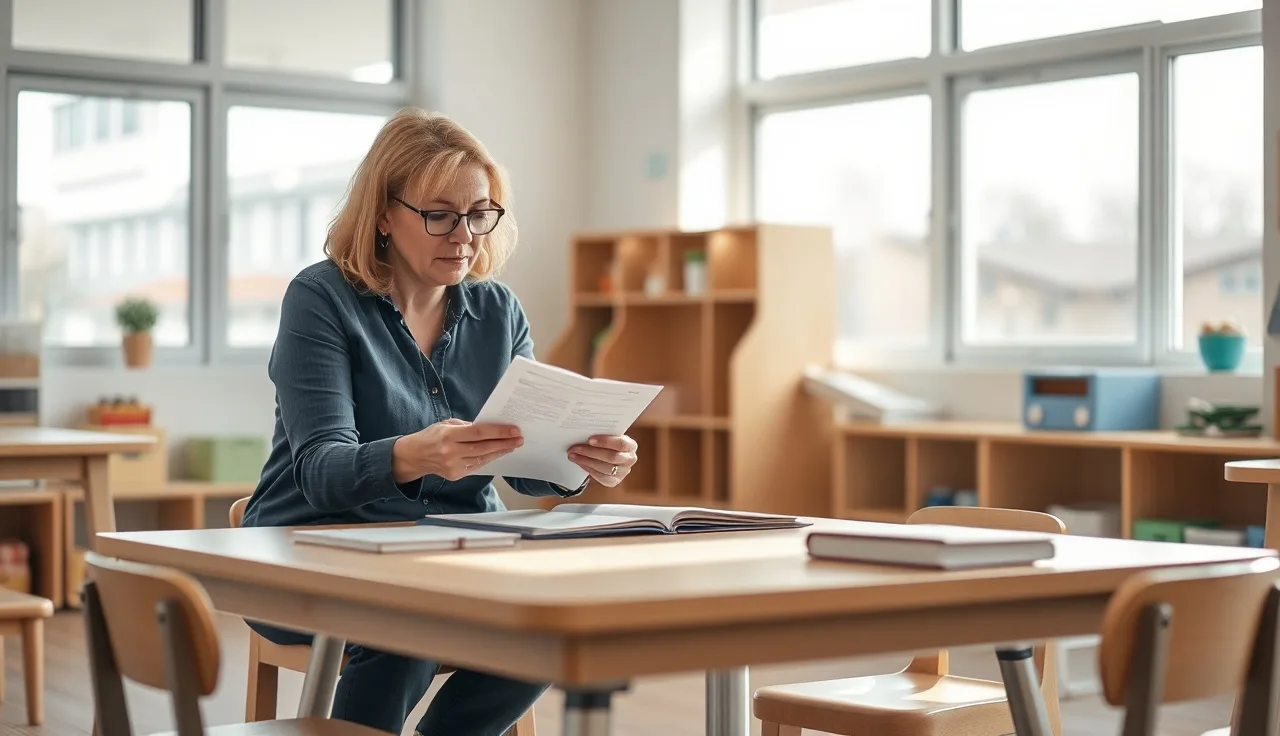 Childcare director and QRIS coach reviewing program quality paperwork at a classroom table
