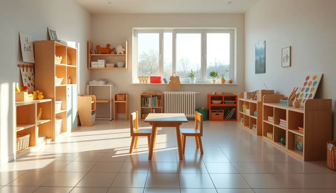 Empty licensed home daycare playroom with wooden furniture and morning light
