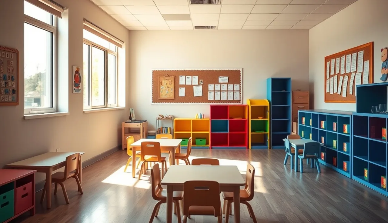 Empty licensed daycare classroom with corkboard postings visible on the wall