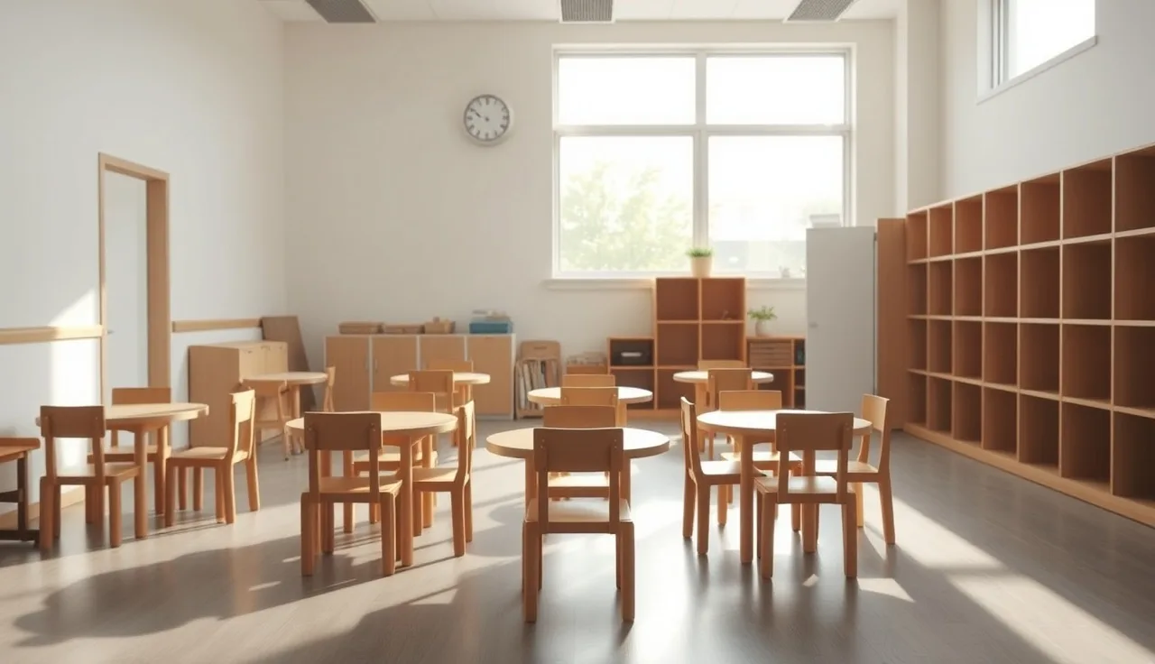 Empty licensed daycare classroom with small chairs and cubbies in morning light