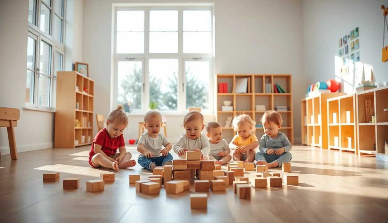 Toddlers building with wooden blocks on a sunlit South Carolina daycare classroom floor