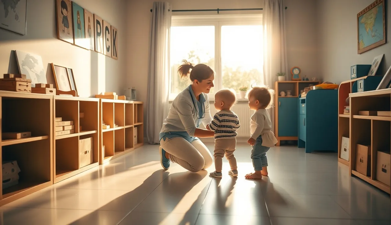Caregiver kneeling with toddlers inside a state licensed daycare classroom
