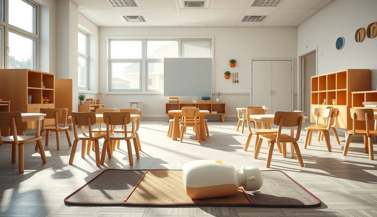 Empty licensed daycare classroom with CPR training mannequin on floor mat