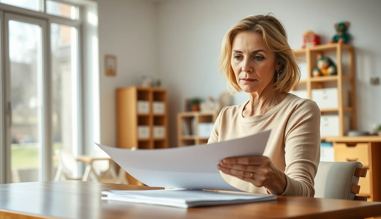 Daycare director reviewing continuing education paperwork at her office desk