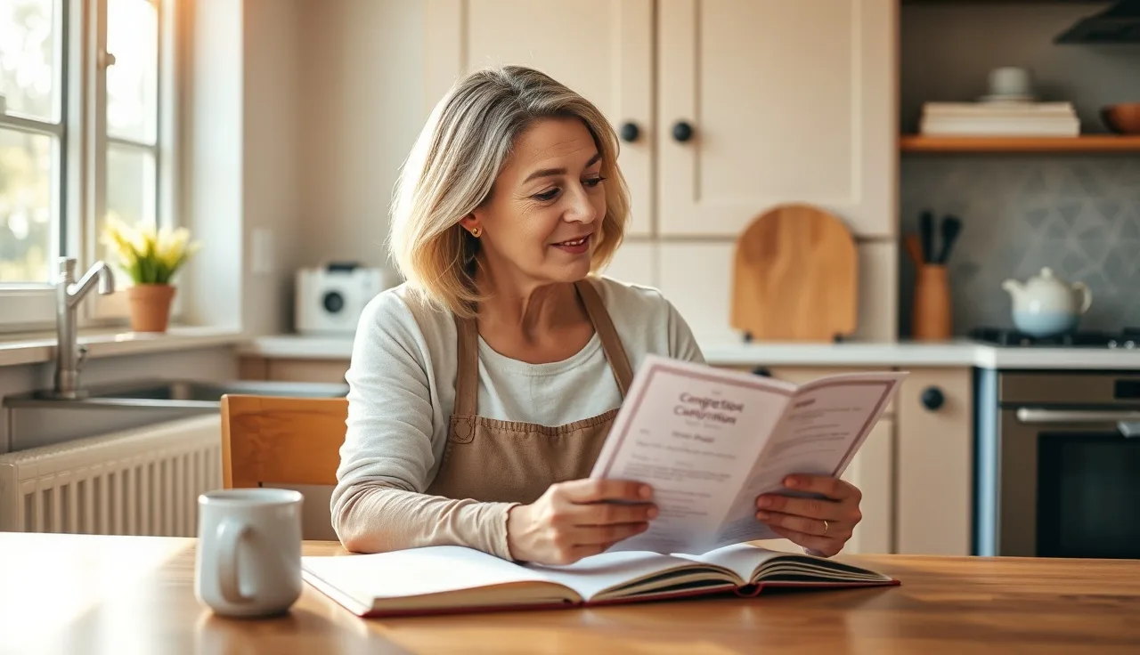 Daycare provider reviewing approved training certificate at kitchen table