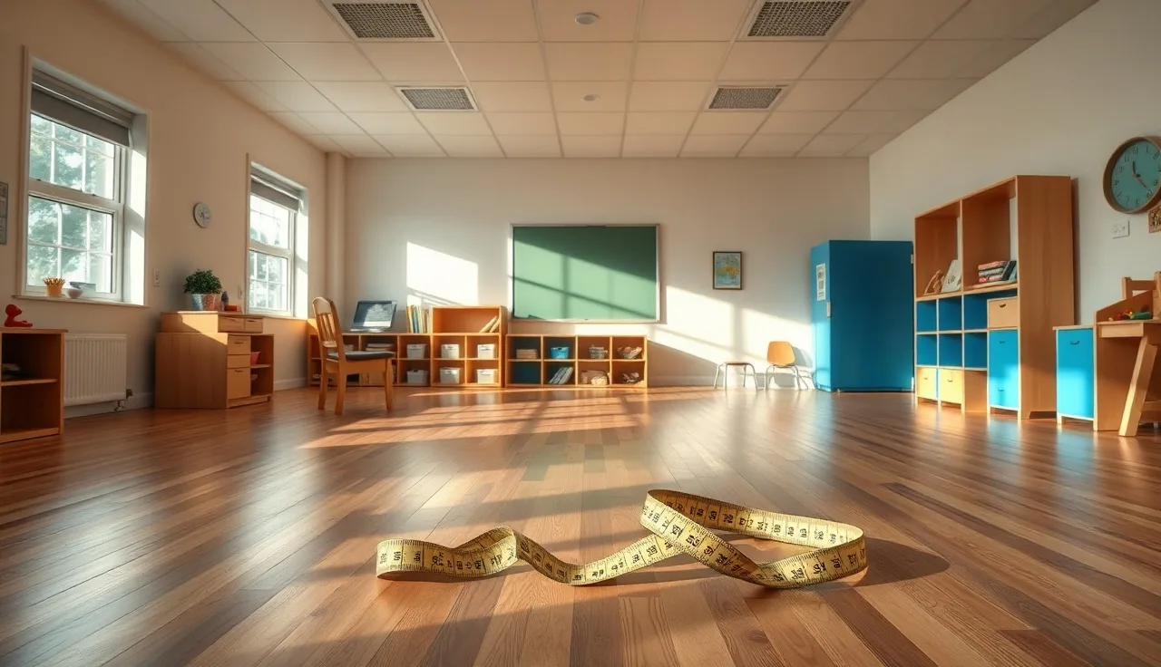 Empty preschool classroom floor measured with a tape measure in morning light