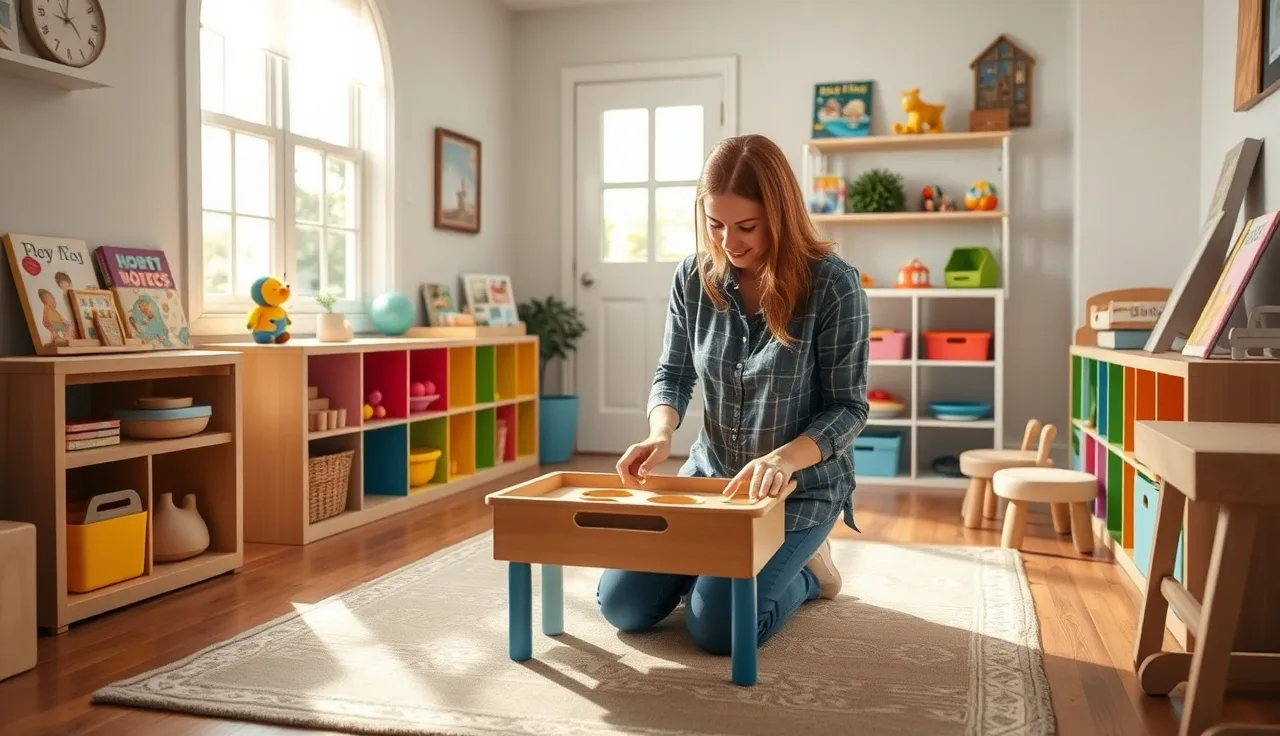Empty Wisconsin family daycare playroom with morning light and wooden toys