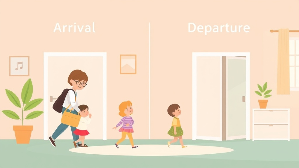 Visual overview of arrival and Departure Quality Practices in Childcare with key concepts highlighted