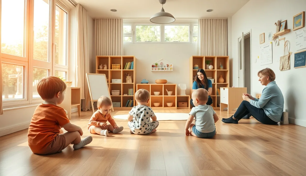 Two childcare teachers supervising four toddlers playing in a sunlit classroom