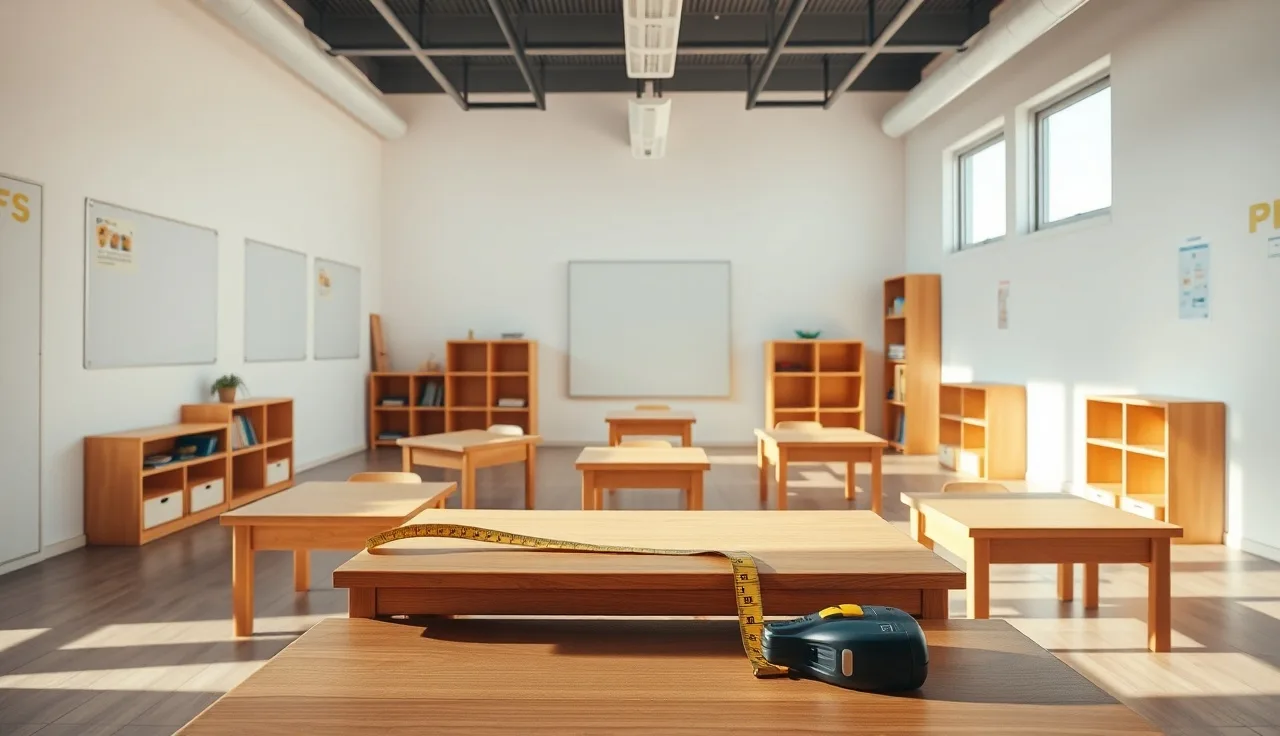 Empty preschool classroom with open floor space and low bookshelves arranged for daycare licensing compliance