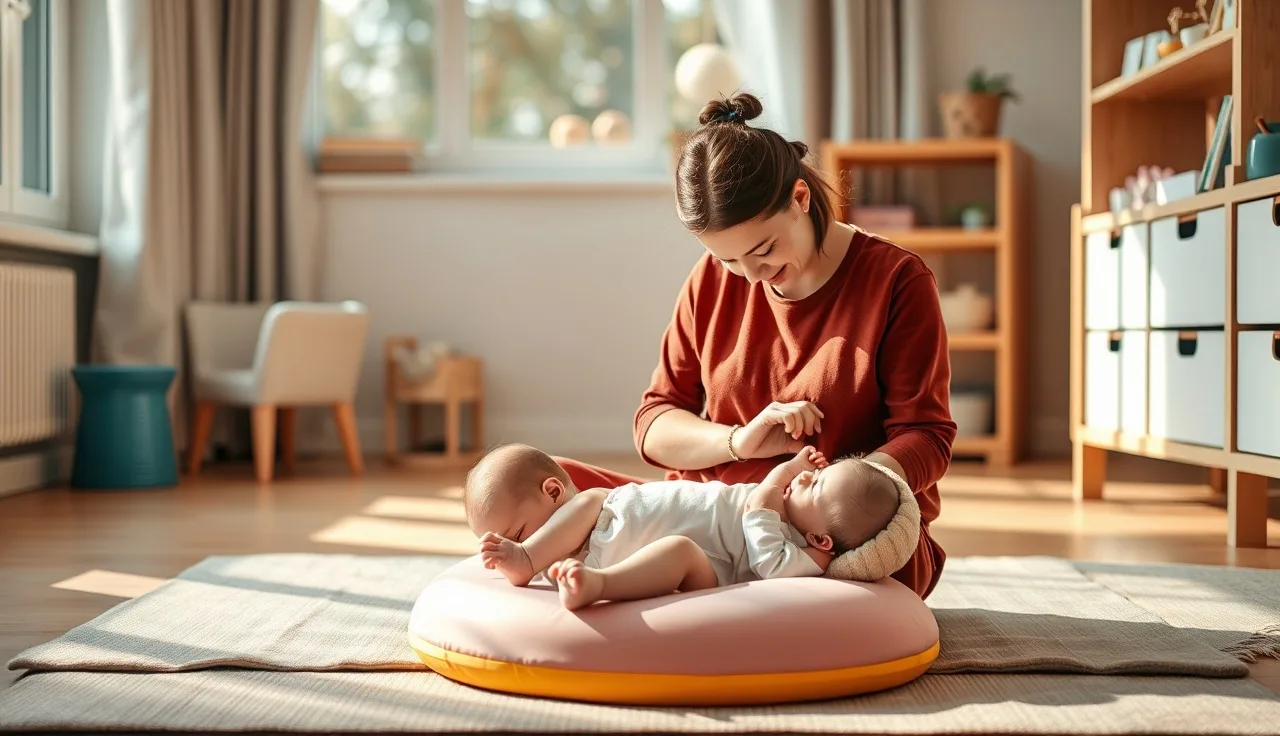 Caregiver with two infants on a nursery floor mat in morning light