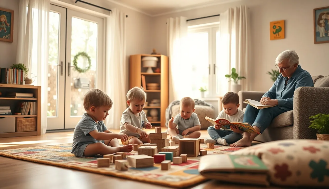 Children playing on a rug in a licensed home daycare with a caregiver nearby