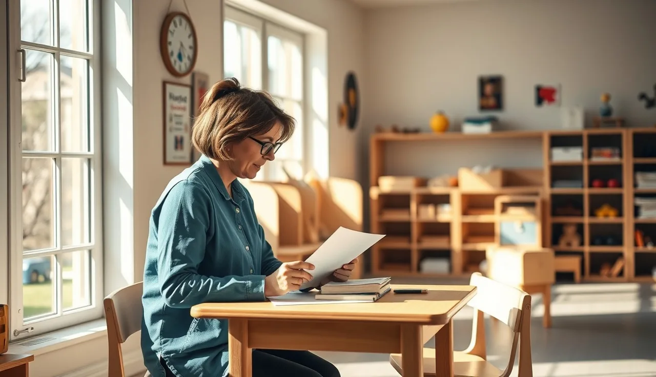 Early childhood educator reviewing CDA credential renewal paperwork in a daycare classroom