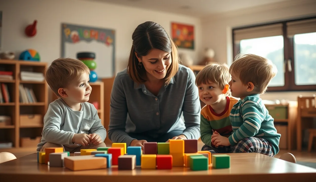 Educator working at a low table with young children in a daycare classroom