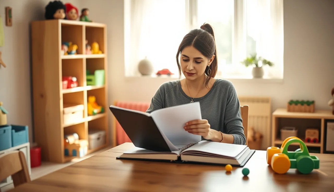A home daycare provider reviewing her CDA portfolio at a wooden table