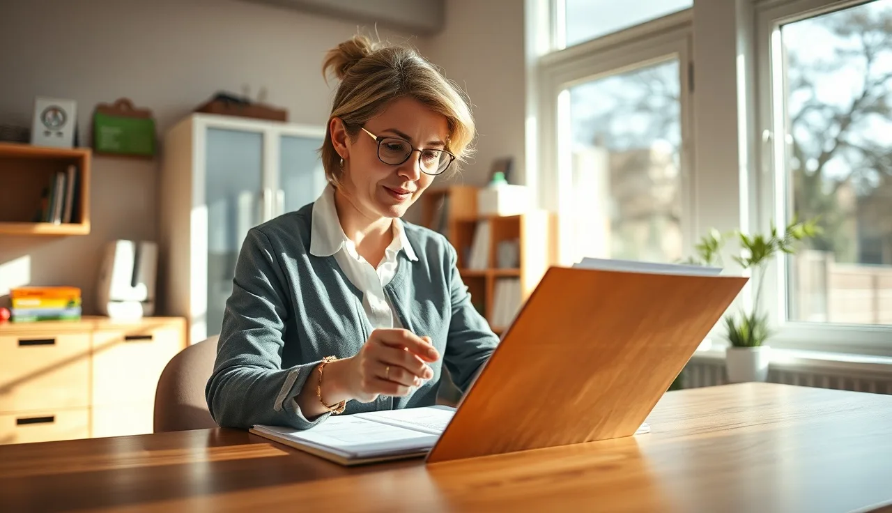 Administrator reviewing daycare staff background check documents at a desk