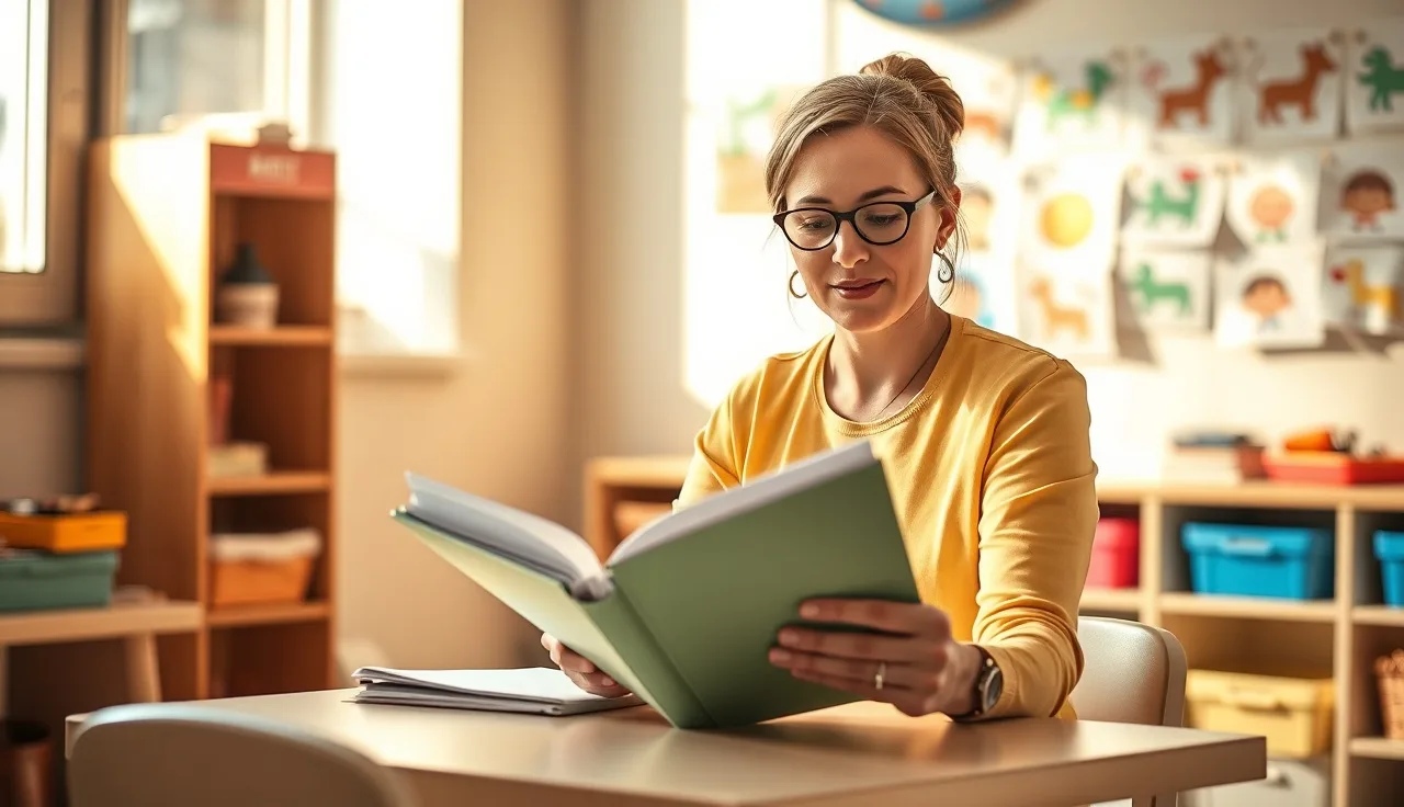 Child care teacher reviewing her CDA credential portfolio at a classroom table