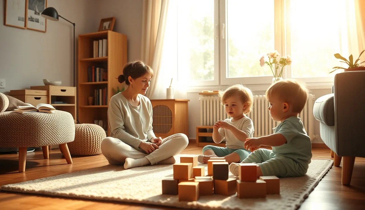 Caregiver sitting with toddlers on a daycare rug during early morning play