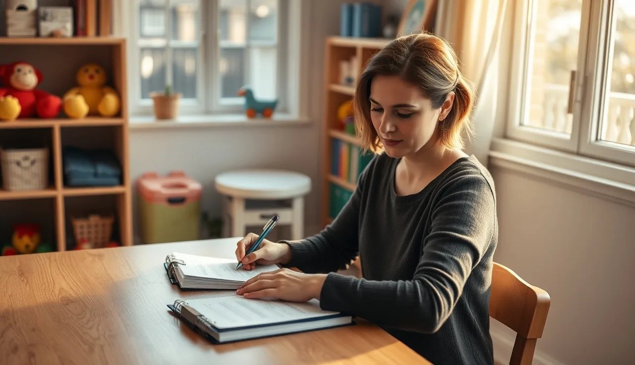 Childcare provider reviewing CDA credential paperwork at a home daycare table