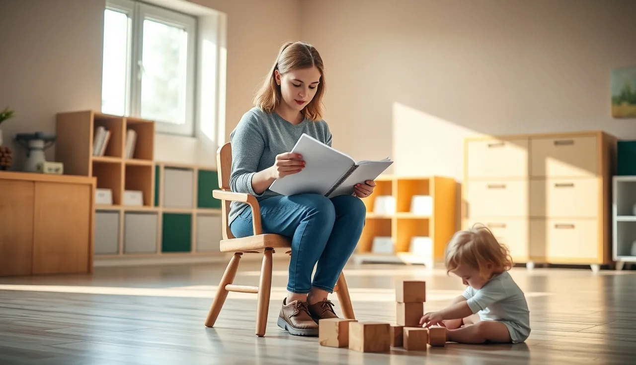 Childcare teacher reviewing CDA portfolio notes while children play nearby