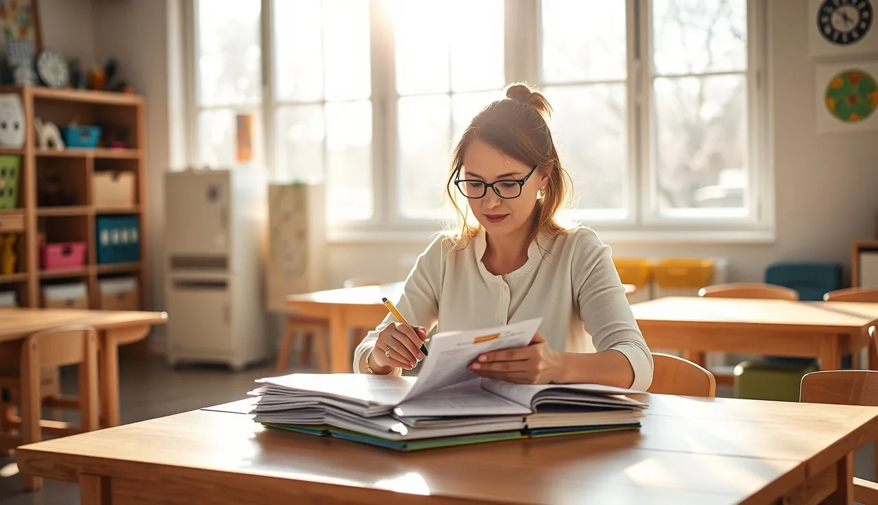 A childcare teacher reviewing documents for a CDA credential application at a classroom table